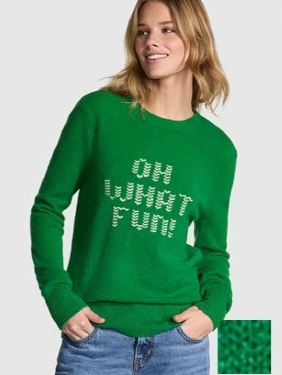 PINK Victoria's Secret Sweaters - PINK Victoria's Secret Kelly Green Crewneck Sweater with "Oh What Fun" Text